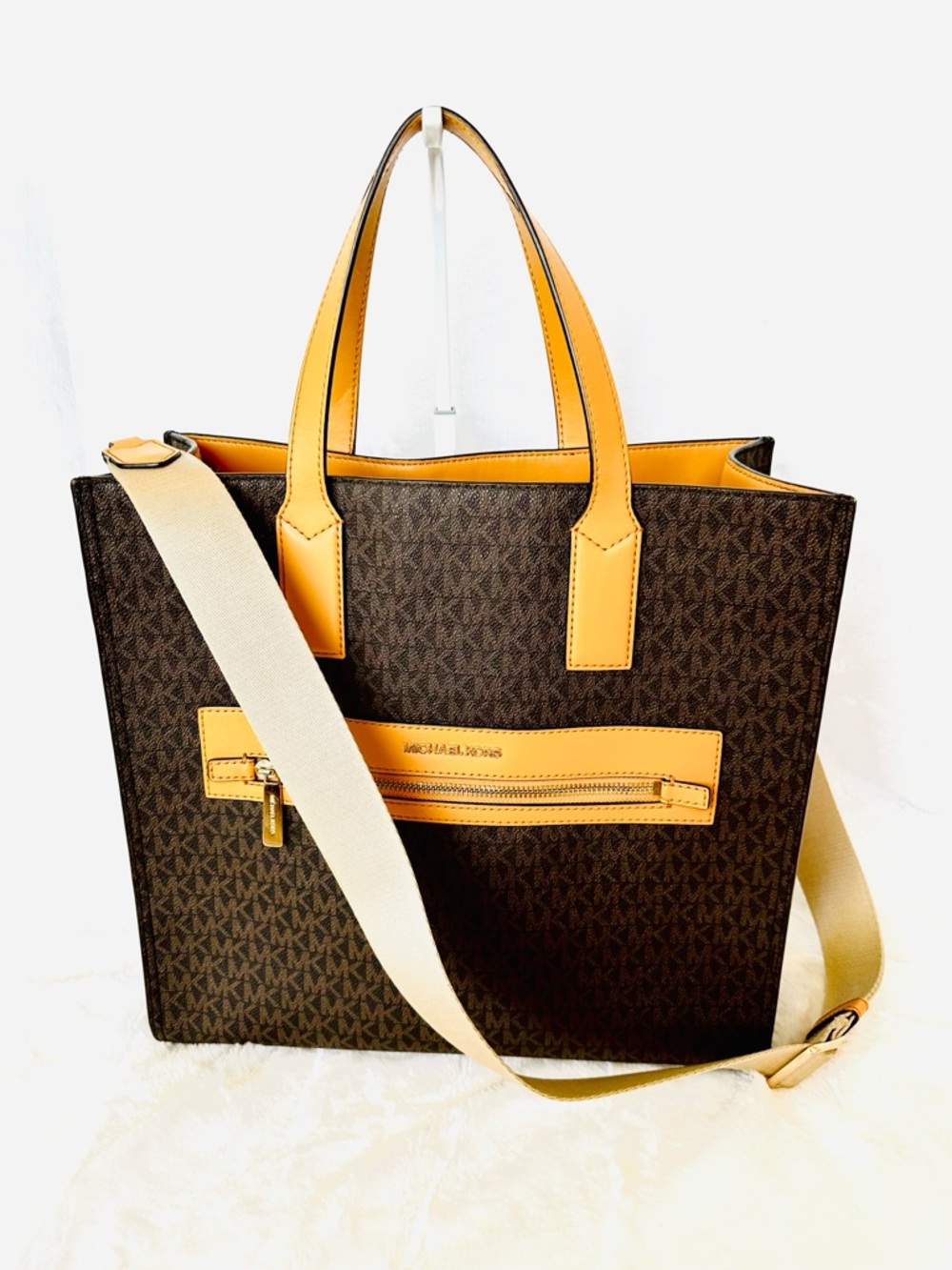 Michael Kors Brown Tote with Yellow Trim and Cream Strap